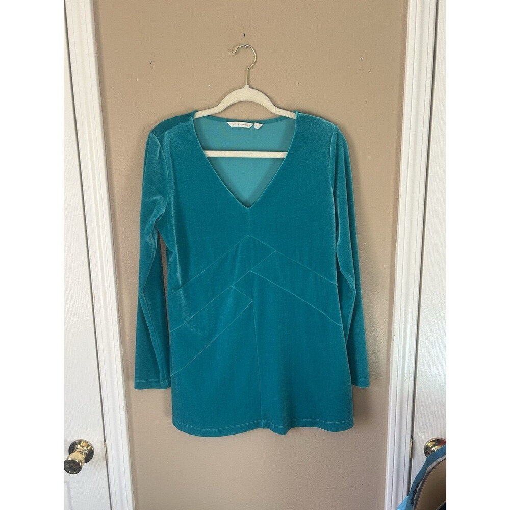 Soft Surroundings Women’s V Neck Blue Green Velvet Top Size Small Jewel Stretch